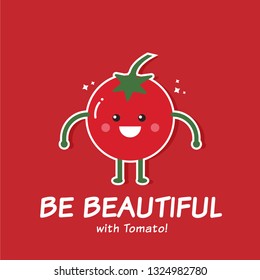 Cute refreshing red tomato in happy mood. Concept of the benefit of tomato, be healthy and be beautiful with tomato. - vector illustration