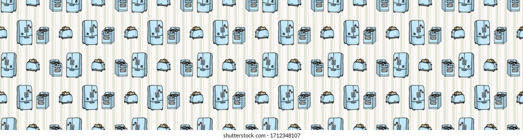 Cute refrigerator and stove seamless vector border. Hand drawn kitchen appliance for household domestic technology. 