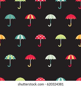 Cute regular seamless pattern with colorful umbrellas. Vector illustration on dark background.