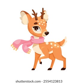 Cute Reindeer Baby with Spotted Body and Antler Wear Pink Scarf Vector Illustration