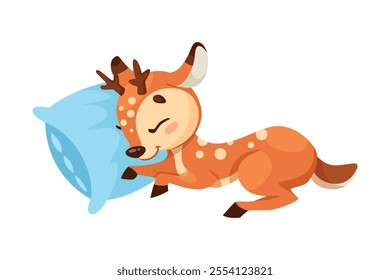 Cute Reindeer Baby with Spotted Body and Antler Sleep on Blue Pillow Vector Illustration