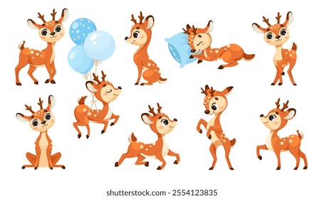 Cute Reindeer Baby with Spotted Body and Antler Vector Set