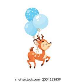 Cute Reindeer Baby with Spotted Body and Antler Fly with Blue Balloon Bunch Vector Illustration