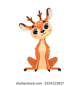 Cute Reindeer Baby with Spotted Body and Antler Sitting Vector Illustration