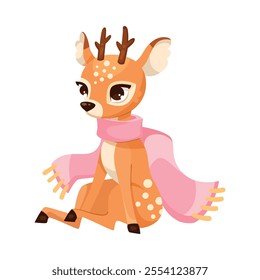 Cute Reindeer Baby with Spotted Body and Antler Wear Pink Scarf Vector Illustration