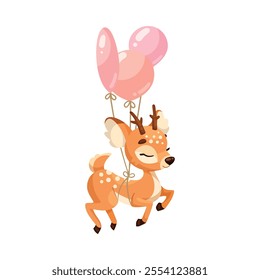 Cute Reindeer Baby with Spotted Body and Antler Fly with Pink Balloon Vector Illustration