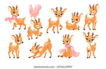 Cute Reindeer Baby with Spotted Body and Antler Vector Set