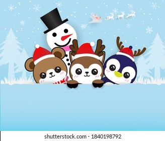 cute reindeer, bear and penguin meeting in forest,dchristmas, winter happy new year,paper cut