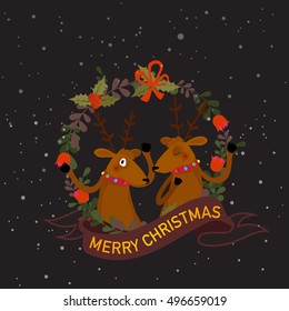 Cute Reindeer in beautiful frame with ribbon for Merry Christmas celebration.