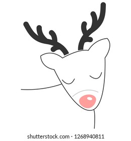 Cute reindeer with big antlers and red nose. Christmas winter themed illustration with little animal, EPS with transparent background. Simple vector in Scandinavian or Nordic style with thin lines.