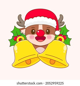 Cute reindeer with big golden bells cartoon character.
