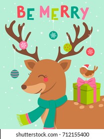 Cute reindeer and bird cartoon character illustration for Christmas and new year