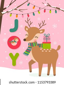 Cute reindeer and bird cartoon illustration for christmas and new year card template
