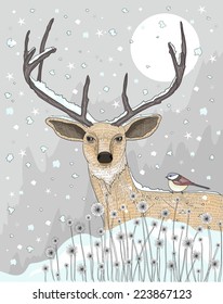 Cute reindeer and bird christmas night background. 