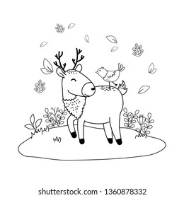 cute reindeer with bird in the field woodland characters