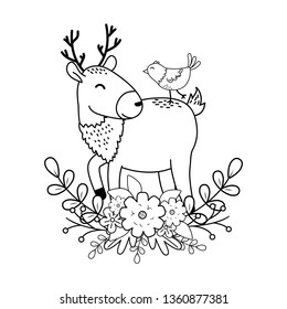 cute reindeer with bird woodland characters