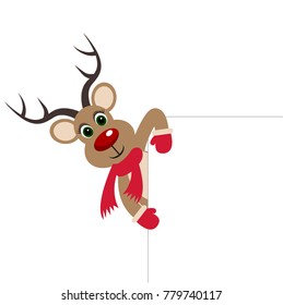 Cute reindeer at a blank board. Isolated on white background