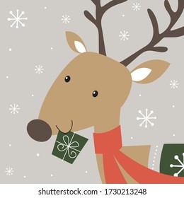 Cute Reindeer bring Christmas gift in winter, Vector illustration
