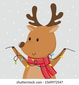 Cute Reindeer bring decoration lamp on grey background, Vector illustration