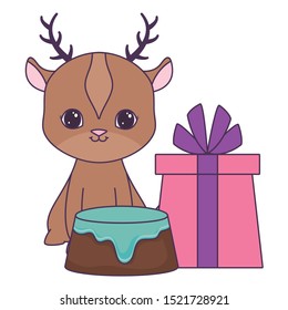 cute reindeer with cake of birthday and gift box vector illustration design