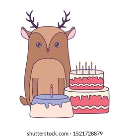 cute reindeer with cakes of birthday vector illustration design