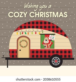 Cute reindeer in the caravan for christmas card, gift bag or box design