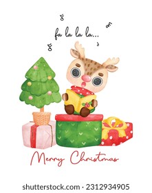 Cute reindeer caroller, Christmas reindeer singing and holding a songbook, surrounded with presents, merry christmas time, cartoon animal character watercolour hand drawing vector illustration