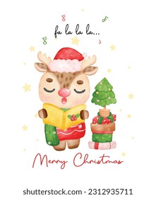 Cute reindeer caroller, Christmas reindeer singing and holding a songbook, with pine tree and stack of presents merry christmas time, cartoon animal character watercolour hand drawing