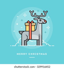 Cute reindeer carrying a gift, flat design line Christmas banner, vector illustration