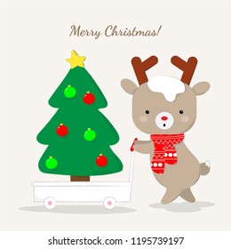 Cute reindeer cartoon carrying chirstmas tree,  lovely christmas background.