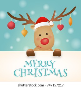 Cute reindeer cartoon character with decorated antlers for Christmas. Christmas greeting card template design