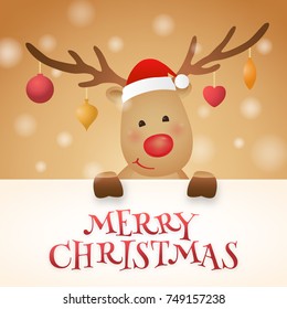Cute reindeer cartoon character with decorated antlers for Christmas. Christmas greeting card template design