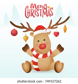 Cute reindeer cartoon character with decorated antlers for Christmas. Christmas greeting card template design