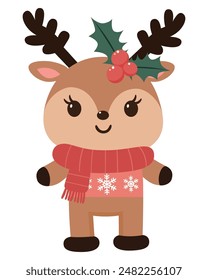 Cute reindeer cartoon in Christmas time. Vector illustration.