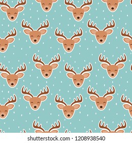 Cute reindeer cartoon deer seamless pattern with snow. Christmas vector illustration