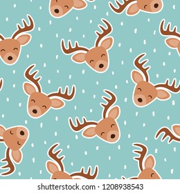 Cute reindeer cartoon deer seamless pattern with snow. Christmas vector illustration