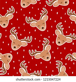 Cute reindeer cartoon deer seamless pattern with snow. Christmas vector illustration