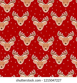 Cute reindeer cartoon deer seamless pattern with snow. Christmas vector illustration