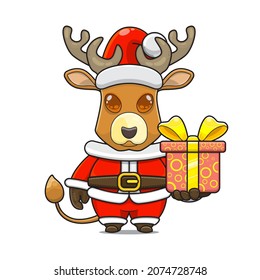 cute reindeer cartoon, giving christmas gifts and wearing santa claus costume, cute animal character wearing christmas costume, front view. kawaii and simple style, perfect for christmas content