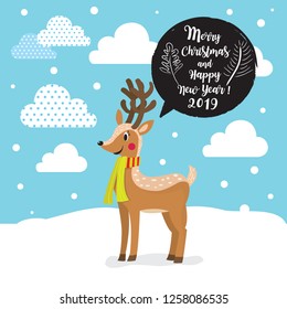 Cute reindeer cartoon illustration for christmas and new year ,Merry Christmas and Happy New Year greeting card with a cute reindeer on background of snowflakes in vector