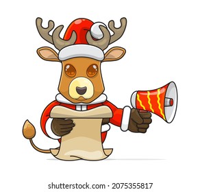 cute reindeer cartoon, wearing santa costume holding megaphone and reading script, cute animal character wearing christmas costume, front view. kawaii and simple style, suitable for christmas content