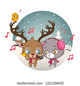 Cute reindeer and cat singing carols