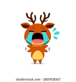 Carácter de reno lindo llorando y sintiéndose triste aislado de fondo blanco. Ilustración emoticono de caracteres renos