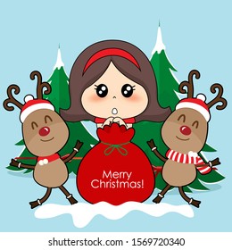 Cute reindeer and Cute character girl with santa costume. Christmas background. Christmas Greeting Card. Vector illustration.