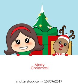 Cute reindeer and Cute character girl with santa costume. Christmas background. Christmas Greeting Card. Vector illustration.