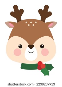 Cute reindeer character illustration for christmas concept in winter december. The laughing reindeer has a red nose and horns.