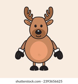 Cute Reindeer character with mitten gloves, big antlers and paunchy belly outline iconic vector line art.