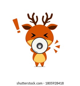 Cute reindeer character using megaphone isolated on white background. Reindeer character emoticon illustration