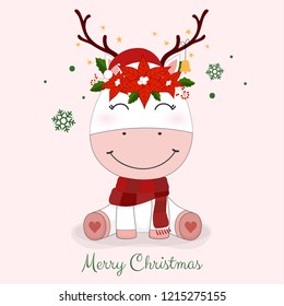 Cute Reindeer child sitting in Christmas red hat.