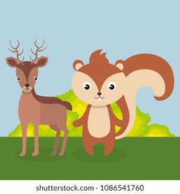 cute reindeer and chipmunk in the field landscape character